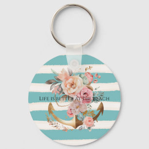 Porte-clés Aqua Watercolor Beach Stripes Gold Floral Ancre