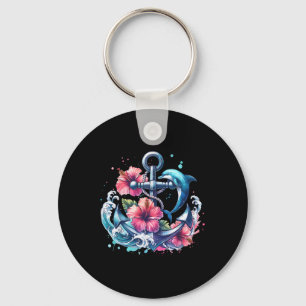 Porte-clés Aquarelle Ancre florale Dauphin Anim marin nautiqu