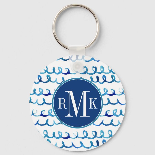 Porte-clés Aquarelle bleu peinte à la main Motif ondulé (Recto)