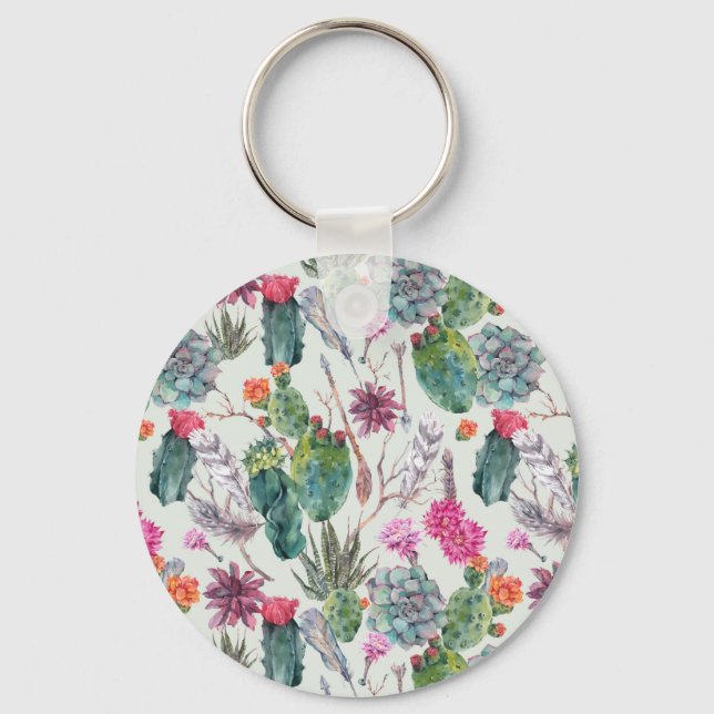 Porte-clés Aquarelle Boho exotique Cactus et Motif succulent (Recto)