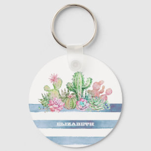Porte-clés Aquarelle Cactus Fleurs Succulentes Stripes