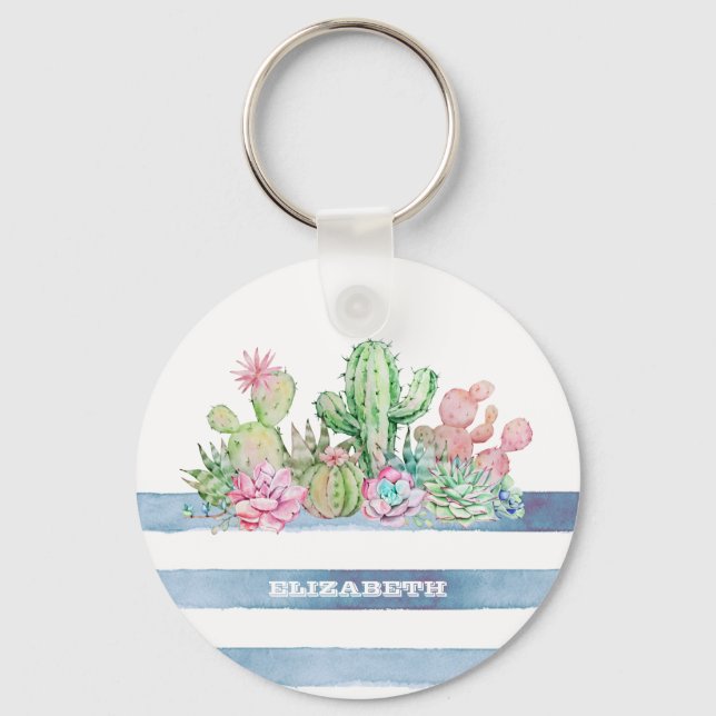 Porte-clés Aquarelle Cactus Fleurs Succulentes Stripes (Recto)