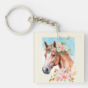 Porte-clés Aquarelle Cheval et Fleurs Acrylique