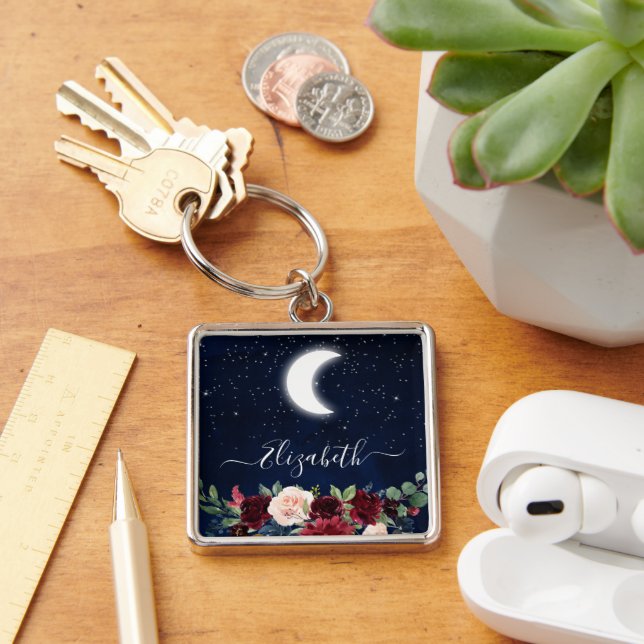 Porte-clés Aquarelle Ciel Céleste Lune Étoiles Floral (Bureau)