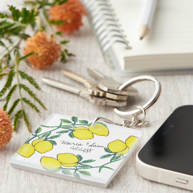 Porte-clés Aquarelle Citron Script Mariage   (Devant Droit)