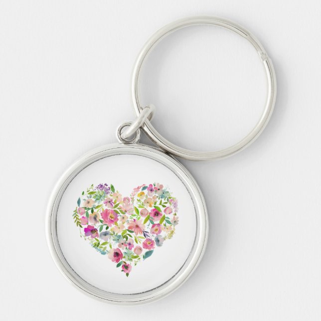 Porte-clés Aquarelle Coeur rose Floral Amour Élégant (Devant)