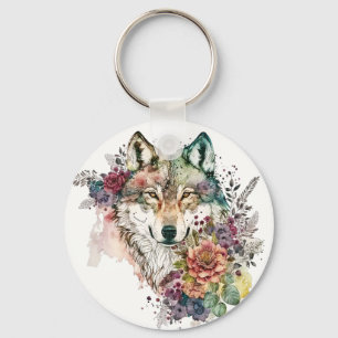 Porte-clés Aquarelle couleur Wolf et Florals dans la nature C