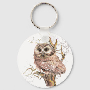 Porte-clés Aquarelle Cute Saw Whet Owen, Bird