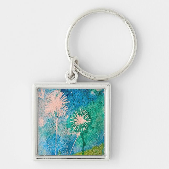 Porte-clés Aquarelle de Dandelion bleu et vert abstrait (Devant)