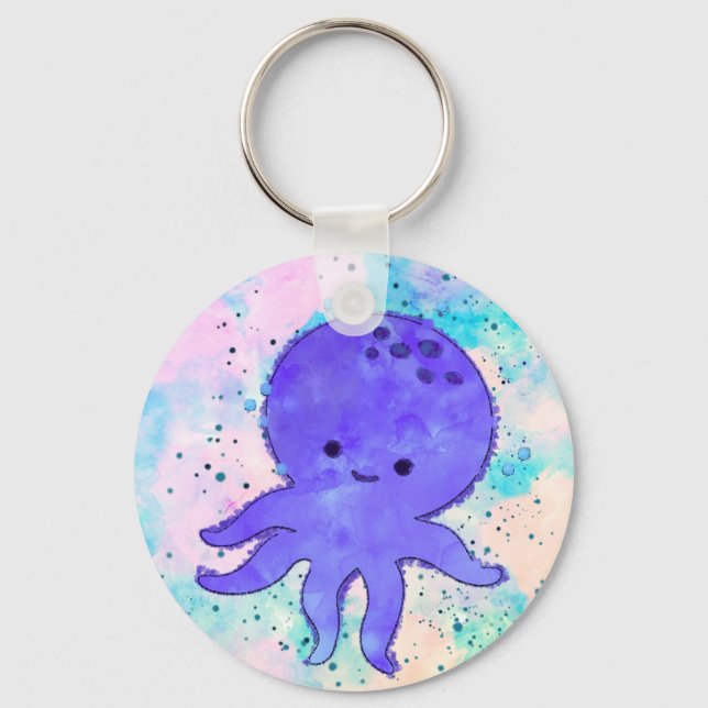 Porte-clés Aquarelle de dessin bleu octopus (Recto)