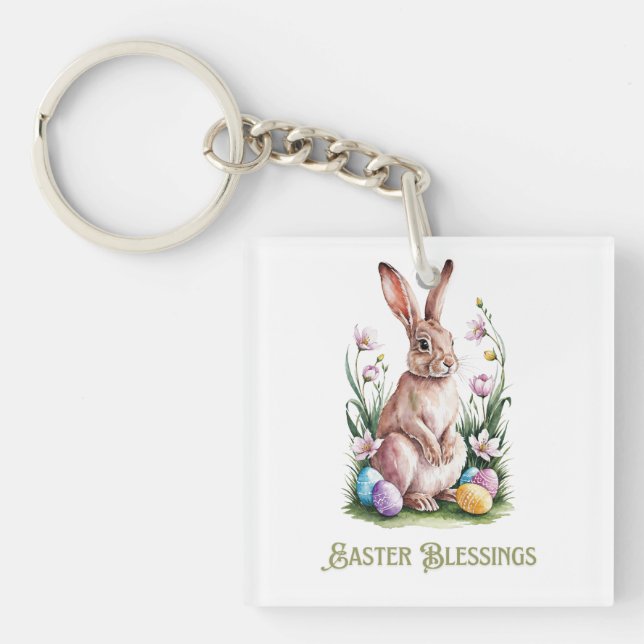Porte-clés Aquarelle de Pâques Lapin & Fleurs (Devant)