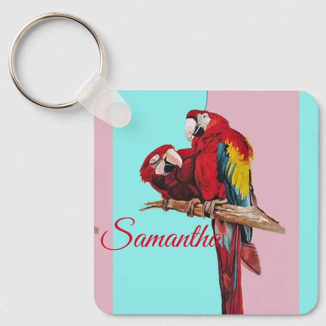 Porte-clés Aquarelle de perroquet rouge Macaw Girls Nom Cercl (Recto)