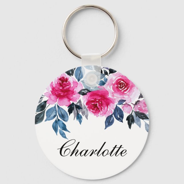 Porte-clés Aquarelle féminine Roses roses roses personnalisée (Recto)