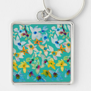 Porte-clés Aquarelle fleurs bleues blanches