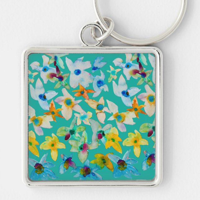 Porte-clés Aquarelle fleurs bleues blanches (Devant)