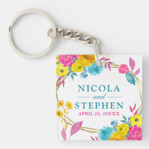 Porte-clés Aquarelle Fleurs Mariage Été Rose Jaune Bleu