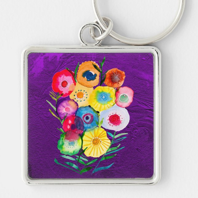 Porte-clés Aquarelle fleurs violettes fleuries florales (Devant)