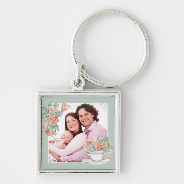 Porte-clés Aquarelle Floral et Teacup Photo personnalisée (Devant)