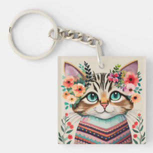 Porte-clés Aquarelle florale de chats mignons