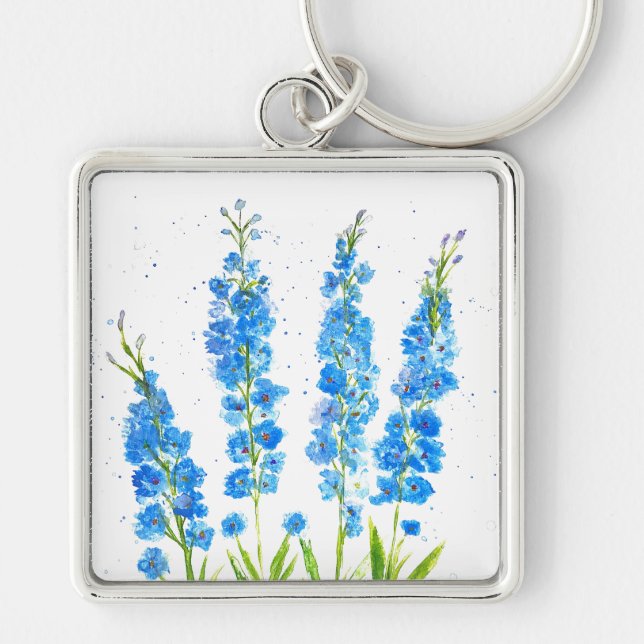Porte-clés Aquarelle florale de delphinium bleu élégant rusti (Devant)
