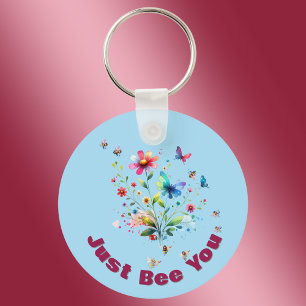 Porte-clés Aquarelle florale simple Monogramme Abeille sur bl