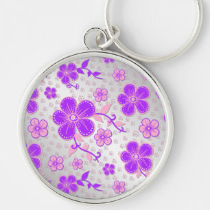 Porte-clés Aquarelle florale simple violet et rose sur argent