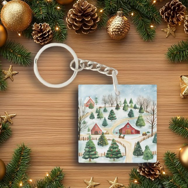 Porte-clés Aquarelle Hiver Paysage rustique avec Fir Trees (Créateur téléchargé)