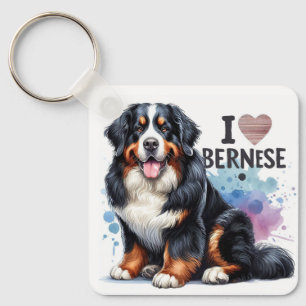 Porte-clés Aquarelle J'aime mon chien bernois de montagne