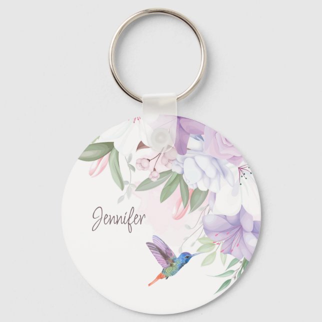Porte-clés Aquarelle Jardin Fleurs Hummingbird Bird Keycha (Recto)