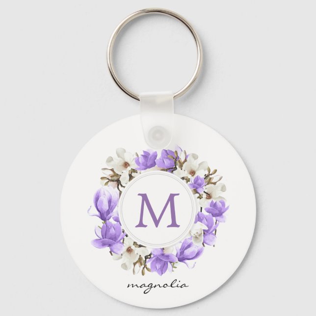 Porte-clés Aquarelle Magnolia pourpre Monogramme de couronne (Recto)