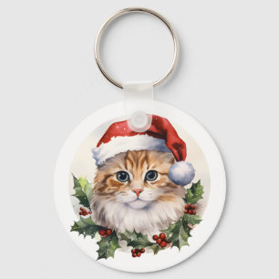 Porte-clés Aquarelle mignonne Chat De Noël À Santa Hat