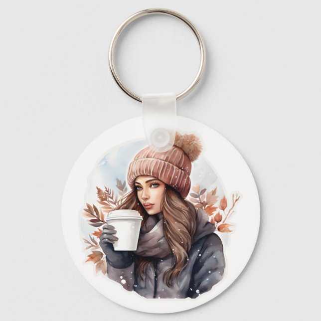 Porte-clés Aquarelle mode hiver fille avec café (Recto)