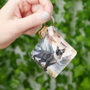 Porte-clés Aquarelle Noir et Blanc Fluffin Chat dans la natur