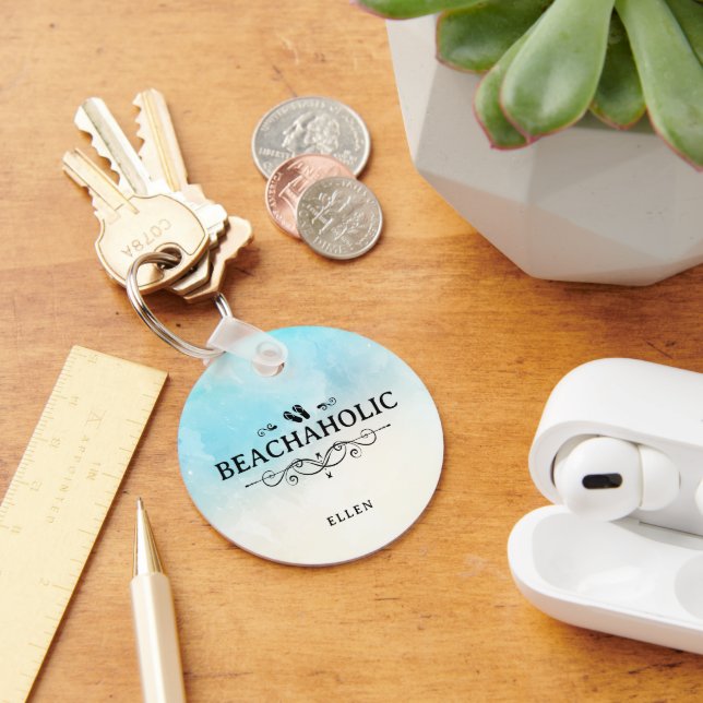 Porte-clés Aquarelle personnalisée Beachaholic de plage (Bureau)