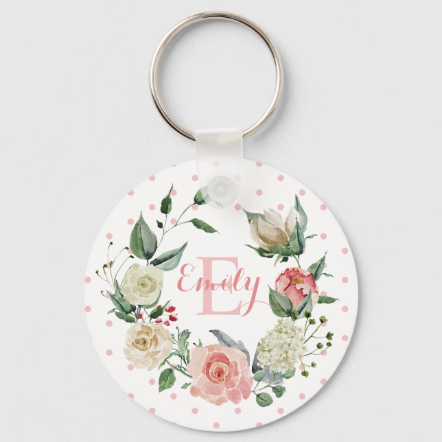 Porte-clés Aquarelle personnalisée Monogramme floral Rose ros (Recto)