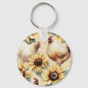 Porte-clés aquarelle poule tournesol
