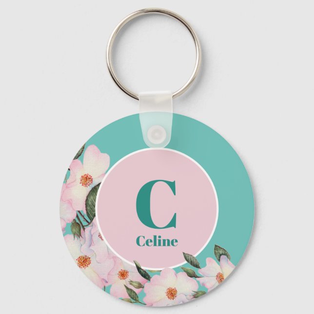 Porte-clés Aquarelle Rose Ballerina Floral Monogram Circle (Recto)