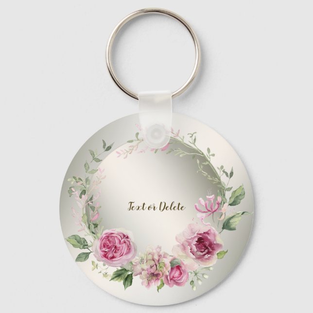 Porte-clés Aquarelle rose cadre floral brillant Bronze élégan (Recto)