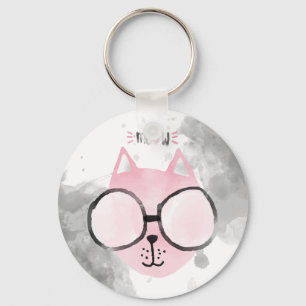 Porte-clés Aquarelle rose chat cool Meow