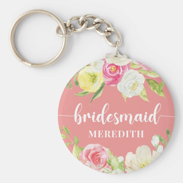 Porte-clés Aquarelle rose Floral Bridesmaid Nom Porte - clé (Devant)
