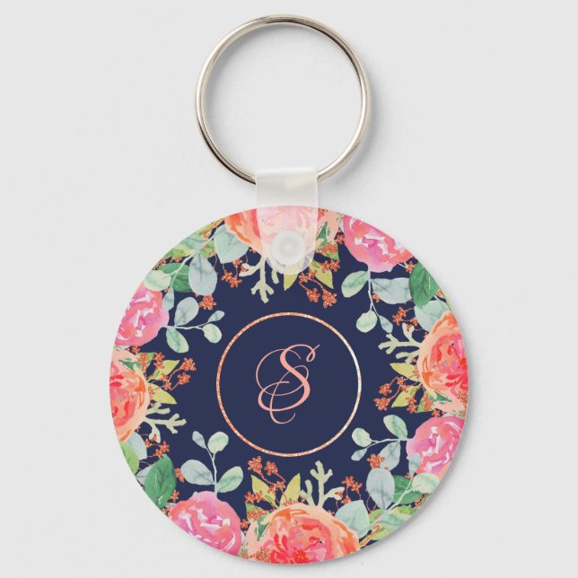 Porte-clés Aquarelle Rose Floral Marine Parties scintillant M (Recto)
