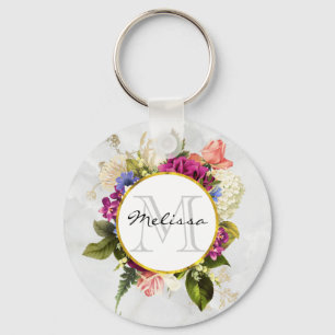 Porte-clés Aquarelle rose moderne Bouquet floral Monogramme