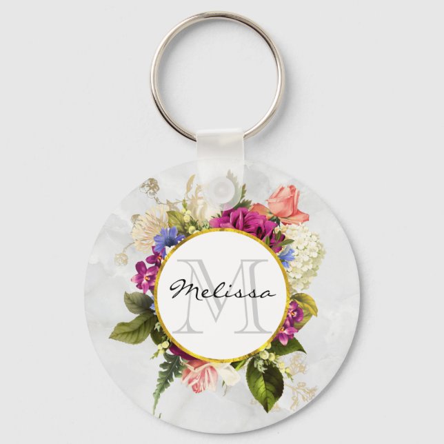 Porte-clés Aquarelle rose moderne Bouquet floral Monogramme (Recto)