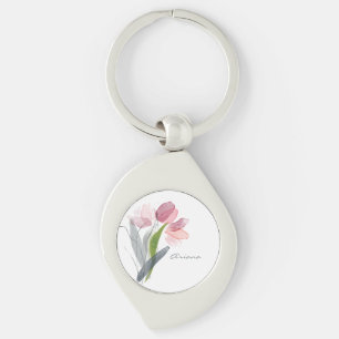 Porte-clés Aquarelle rose pâle Tulipes florales Nom blanc