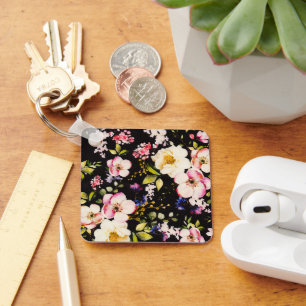 Porte-clés Aquarelle rose Roses Jaunes Arrière - plan noir