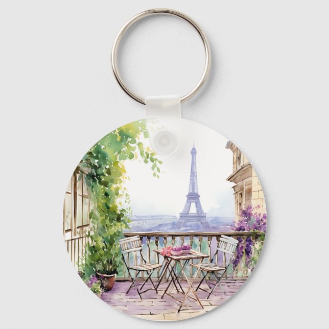 Porte-clés Aquarelle Tour Eiffel Paris Café français (Recto)