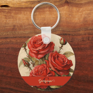Porte-clés Aquarelle Vintage personnalisée Roses Florales Rou