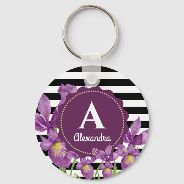Porte-clés Aquarelle violet Iris Floral Noir Blancs (Recto)