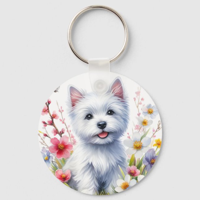 Porte-clés Aquarelle Westie sur une journée ensoleillée - (Recto)