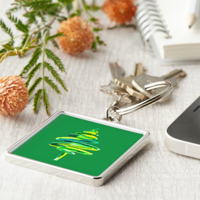 Porte-clés Arbre de Noël vert aquarelle abstraite (Côté)